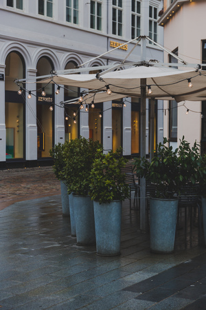 COPENHAGEN, DENMARK - March 11th, 2018: Architecture and buildings in the famous shopping street of Stroget in Copenhagen featuring the typical Scandinavian styleのeditorial素材