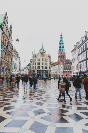 COPENHAGEN, DENMARK - March 9th, 2018: Architecture and buildings of Stroget, the main shopping street of Copenhagen featuring the typical Scandinavian styleのeditorial素材