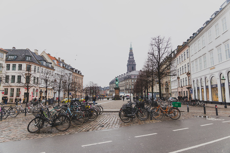 COPENHAGEN, DENMARK - March 11th, 2018: Architecture and buildings in the famous shopping street of Stroget in Copenhagen featuring the typical Scandinavian styleのeditorial素材
