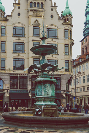 COPENHAGEN, DENMARK - March 11th, 2018: Architecture and buildings in the famous shopping street of Stroget in Copenhagen featuring the typical Scandinavian styleのeditorial素材