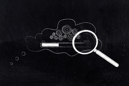 analysing thoughts conceptual illustration: gearwheel mechanism with progress bar loading inside thought bubble with magnifying glass on itの写真素材