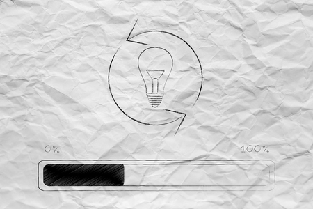 change of mind in progress conceptual illustration: light bulb with arrows spinning over progress bar loadingの写真素材