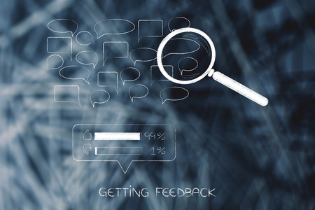 getting feedback conceptual illustration: percentage of thumbs up and thumbs down with speech bubbles and magnifying glass over them analizying opinionsの写真素材