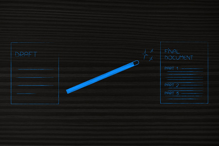 from draft to final document: paper sheets with magic wand in betweenの写真素材