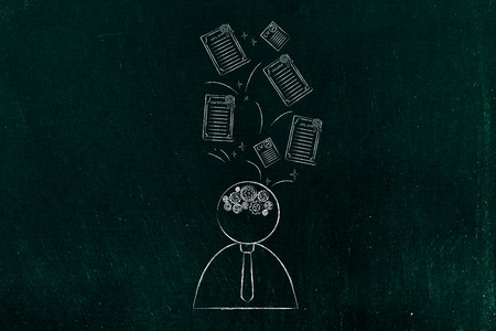 use your brain conceptual illustration: student with gearwheel mechanism metaphor in his head and degrees coming out of itの写真素材