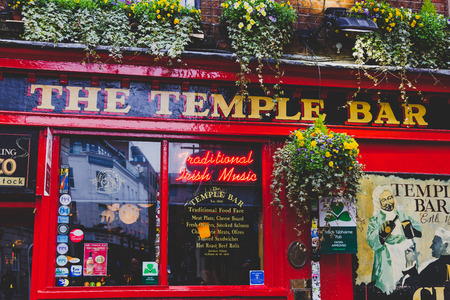DUBLIN, IRELAND - April 12th, 2018: the Temple Bar pub in Dublin, arguably the most popular...