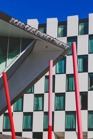 DUBLIN, IRELAND - April 21st, 2018: architectural details of the Bord Gais Theatre and the Marker Hotel in the renovated Docklands area shot on a sunny dayのeditorial素材