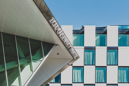 DUBLIN, IRELAND - April 21st, 2018: architectural details of the Bord Gais Theatre and the Marker...