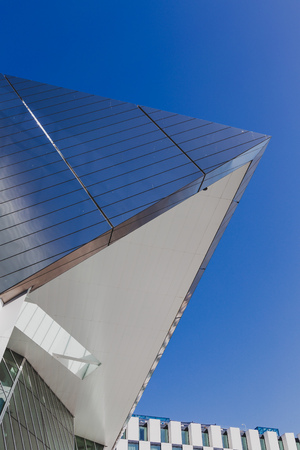 DUBLIN, IRELAND - April 21st, 2018: architectural details of the Bord Gais Theatre and the Marker Hotel in the renovated Docklands area shot on a sunny dayのeditorial素材