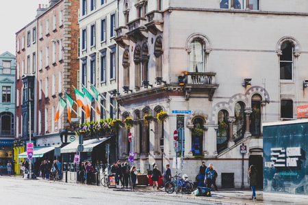 DUBLIN, IRELAND- April 25th, 2018: architectural style of buildings in Dublin city centre in Dame...