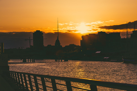 DUBLIN, IRELAND - April 30th, 2018: Sunset over the river Liffey and view of DUblin's skylineのeditorial素材