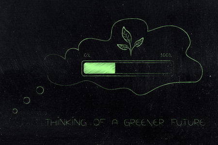 thinking of a greener future conceptual illustration: thought bubble with leaves and progress bar...