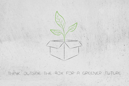 think outside the box for a greener future conceptual illustration: parcels or product packaging with leaves growing out of itの写真素材