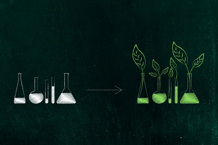 organic ingredients conceptual illustration: from lab phials with chemicals to other bottles with green ingredients and leaves growing from themの写真素材