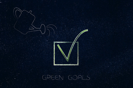 growing towards a greener economy conceptual illustration: watering can and tick sign going green の写真素材