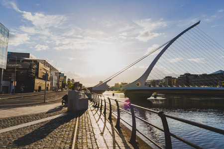 DUBLIN, IRELAND - May 12th, 2018: the Samuel Beckett bridge over the river Liffey in Dublin Docklandsのeditorial素材
