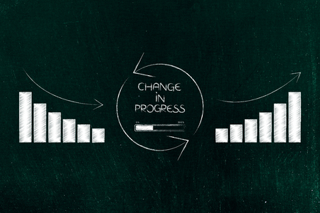improve your business performance conceptual illustration: change in progress icon with graphs from negative to positive growth resultsの写真素材