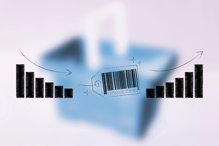 improve your marketing performance conceptual illustration: product barcode tag with graphs from negative to positive growth resultsの写真素材