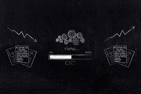 from negative to positive results conceptual illustration: business plan with gearwheel mechanism and progress bar fixing stats from bad to greatの写真素材