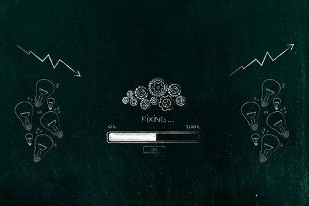 from negative to positive results conceptual illustration: group of idea light bulbs with gearwheel...