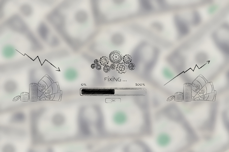 from negative to positive results conceptual illustration: profit graph with gearwheel mechanism and progress bar fixing stats from bad to greatの写真素材