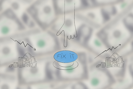 from negative to positive results conceptual illustration: profits with hand pushing button to fix stats from bad to greatの写真素材