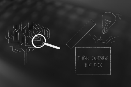 think outside the box conceptual illustration: brain icon with magnifying glass next to open box with lightbulb popping outの写真素材