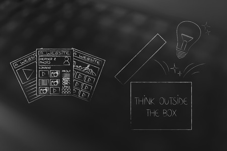 think outside the box conceptual illustration: website pages next to open box with lightbulb popping outの写真素材