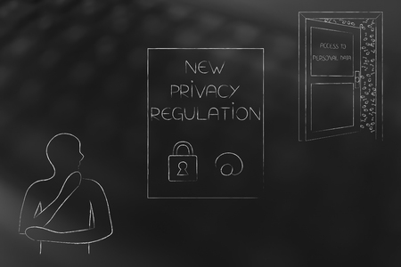 new data protection regulations conceptual illustration: doubtful man looking at privacy text and open door with access to personal dataの写真素材