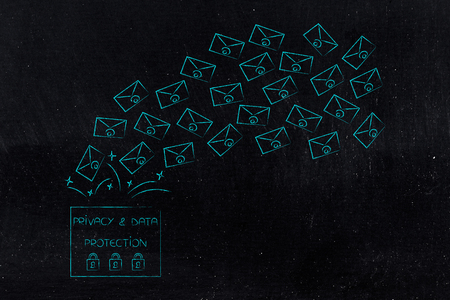 new data protection regulations conceptual illustration: privacy text with emails popping out of itの写真素材