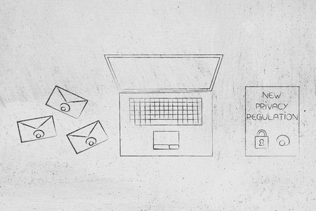 new data protection regulations conceptual illustration: laptop next to group of emails and new privacy text の写真素材