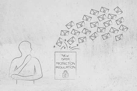 new data protection regulations conceptual illustration: man looking at privacy text with emails going into or out of itの写真素材