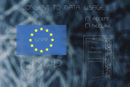new general data protection regulation conceptual illustration: europe flag with GDPR text next to open door with access to personal data and conset question accept or declineの写真素材