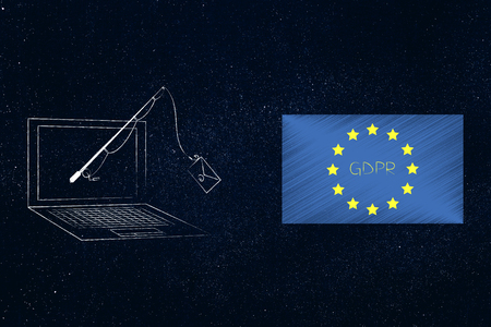new general data protection regulation conceptual illustration: laptop with fishing rod with email popping out of the screen and GDPR text on europe flagの写真素材