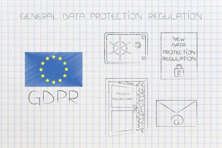 new general data protection regulation conceptual illustration: europe flag with GDPR text next to data protection iconsの写真素材