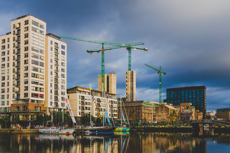 DUBLIN, IRELAND - June 2nd, 2018: view of Grand Canal Dock in Dublin on a stormy day