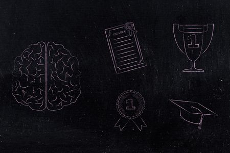 genius mind conceptual illustration: brain next to group of education accomplishment icons from degree to trophy and from 1st place winner medal to graduation capの写真素材