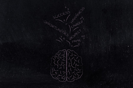 genius mind conceptual illustration: brain with success and opportunities-related captions going in or out of itの写真素材