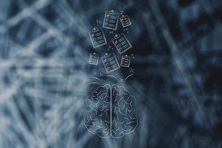genius mind conceptual illustration: brain with to do lists going in or out of itの写真素材