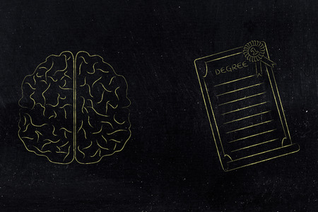 genius mind conceptual illustration: brain next to degree diploma with ribbon
