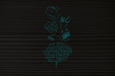 be the best at work conceptual illustration: digital brain with office items flying in or out of itの写真素材