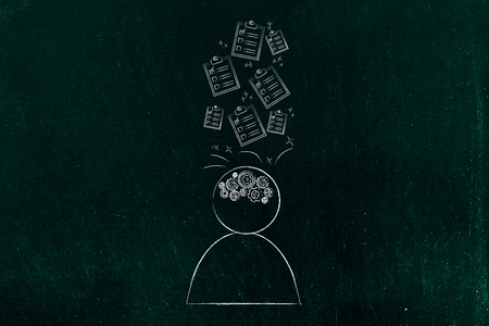 be the best at work conceptual illustration: man with gearwheel mind and to do lists flying above his headの写真素材