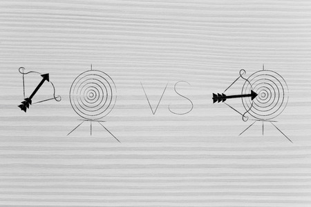 successful or unsuccessful marketing for yout target market conceptual illustration: arrow missing the target with hitting it in the centreの写真素材
