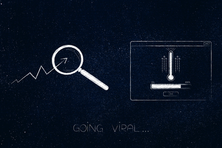go viral online conceptual illustration: stats going up with magnifying glass on it next to pop-up with thermometer and progress bar loadngの写真素材