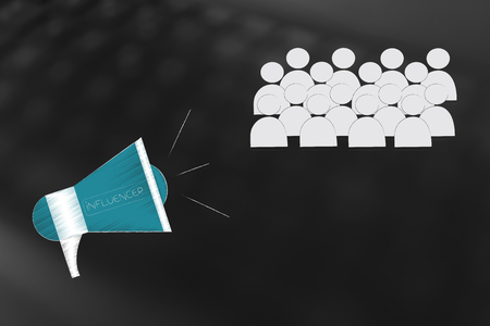 social media brand ambassadors conceptual illustration: megaphone diffusing messages to an audienceの写真素材