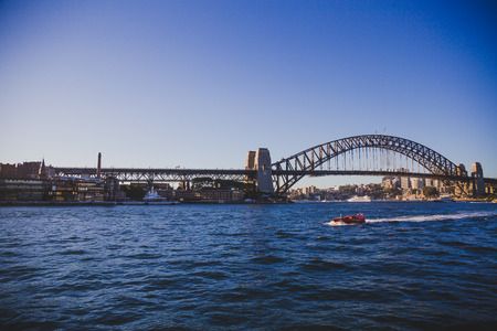 SYDNEY, AUSTRALIA - December 30th, 2014: detail of the Sydney Harbour Bridge and harbour view from Circular Quayのeditorial素材