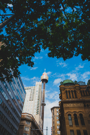 SYDNEY, AUSTRALIA - December 28th, 2014: architecture in the shopping district of Pitt Street in Sydney CBD featuring the Westfield Tower and QVB department storeのeditorial素材