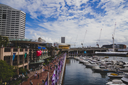 SYDNEY, AUSTRALIA - December 28th, 2014: close-up view of Darling Harbour in central Sydneyのeditorial素材