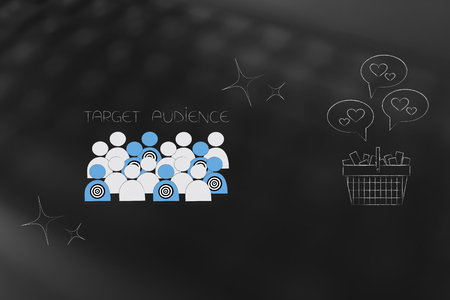 marketing segmentation and targeting conceptual illustration: target audience among the crowd next to full shopping basket with positive feedback on itの写真素材
