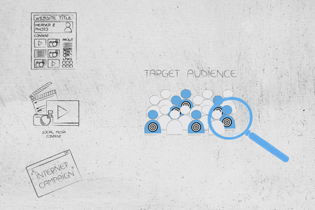 marketing segmentation and targeting conceptual illustration: digital contant next to magnifying glass analysing target audience among a crowdの写真素材